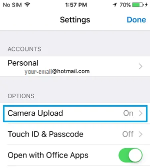 Camera Upload One Drive App for iOS